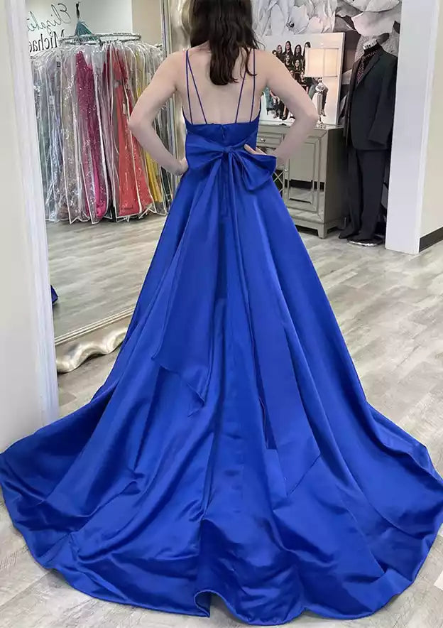 Royal Blue Satin Spaghetti-Strap Ball Gown – Elegant & Dramatic Evening Party Dress