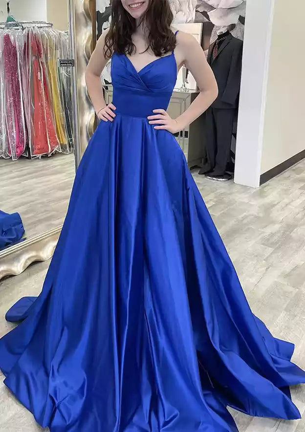 Royal Blue Satin Spaghetti-Strap Ball Gown – Elegant & Dramatic Evening Party Dress