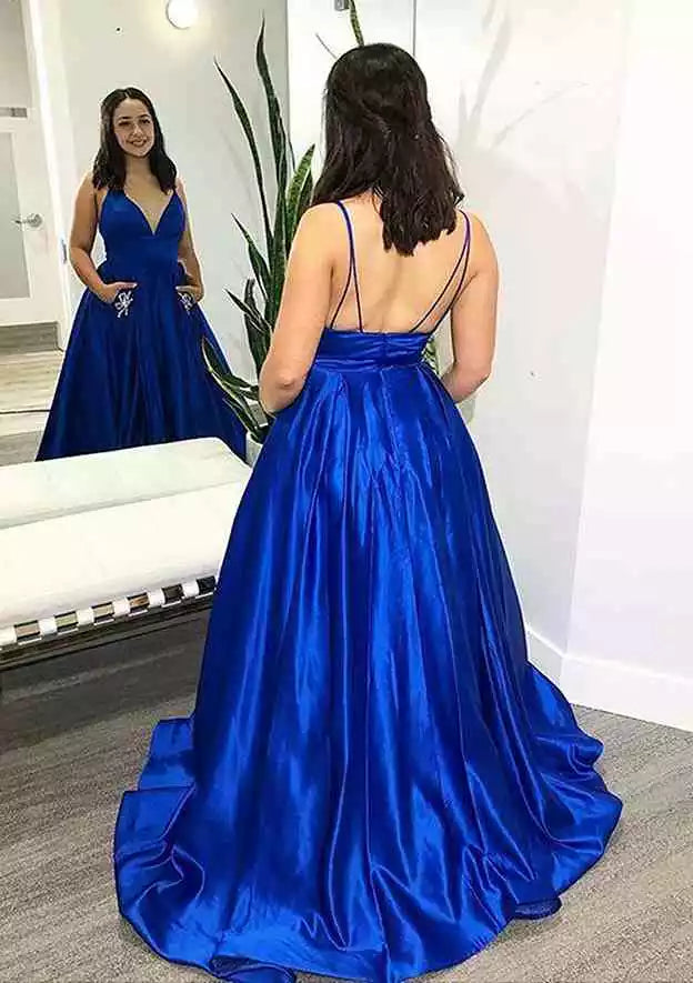 Royal Blue Satin Spaghetti-Strap Ball Gown – Vibrant & Elegant Evening Party Dress