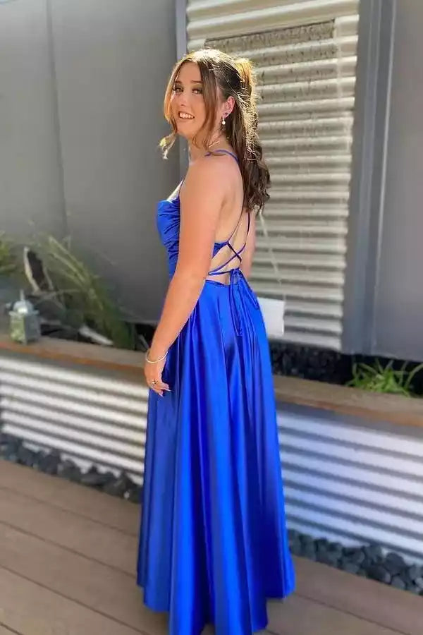 Royal Blue Satin Spaghetti-Strap Crisscross-Back Gown – Bold & Elegant Evening Party Dress
