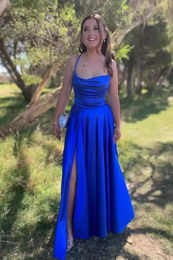 Royal Blue Satin Spaghetti-Strap Crisscross-Back Gown – Bold & Elegant Evening Party Dress