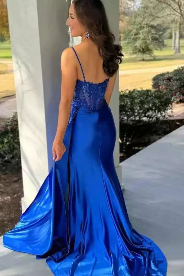 Royal Blue Satin Spaghetti Strap Beaded Mermaid Gown – Dazzling & Bold Evening Party Dress