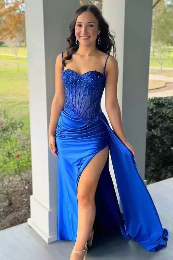 Royal Blue Satin Spaghetti Strap Beaded Mermaid Gown – Dazzling & Bold Evening Party Dress