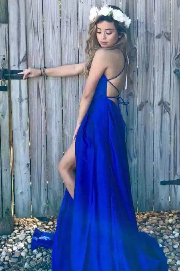 Royal Blue Satin Spaghetti Strap Crisscross Back Slit A-Line Gown – Bold & Romantic Evening Party Dress