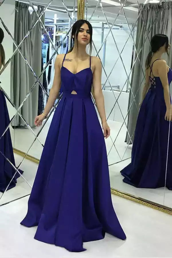 Royal Blue Satin Spaghetti Strap Cut-Out A-Line Gown – Bold & Elegant Evening Party Dress