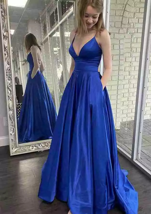 Royal Blue Satin Spaghetti Strap Lace-Up A-Line Gown – Dazzling & Elegant Evening Party Dress