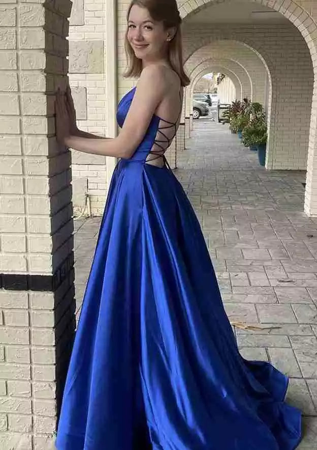 Royal Blue Satin Spaghetti Strap Lace-Up A-Line Gown – Dazzling & Elegant Evening Party Dress