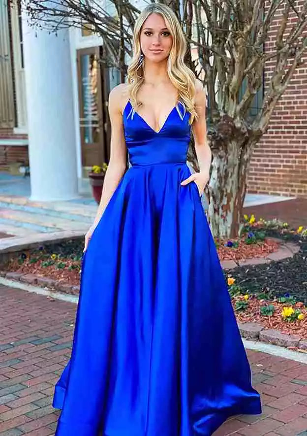 Royal Blue Satin Spaghetti Strap Lattice-Back A-Line Gown – Dazzling & Modern Evening Party Dress