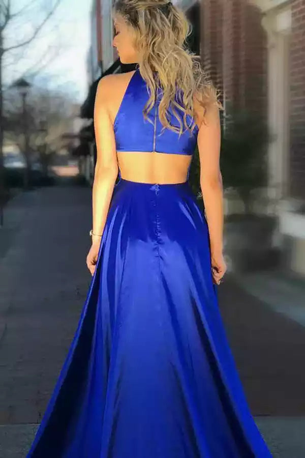 Royal Blue Satin Two-Piece Halter Gown with Cutout Back & Slit – Bold & Luxe Evening Party Dress