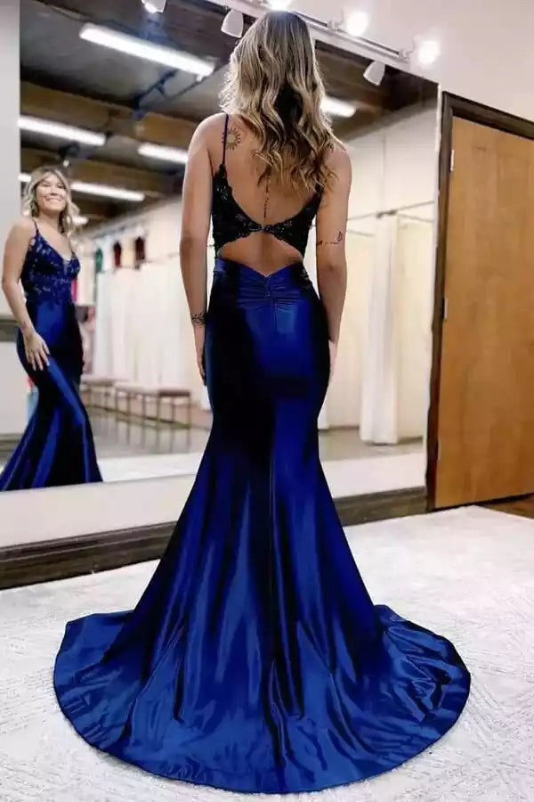 Royal Blue Satin & Black Lace Spaghetti Strap Mermaid Train Gown – Regal & Glamorous Evening Party Dress