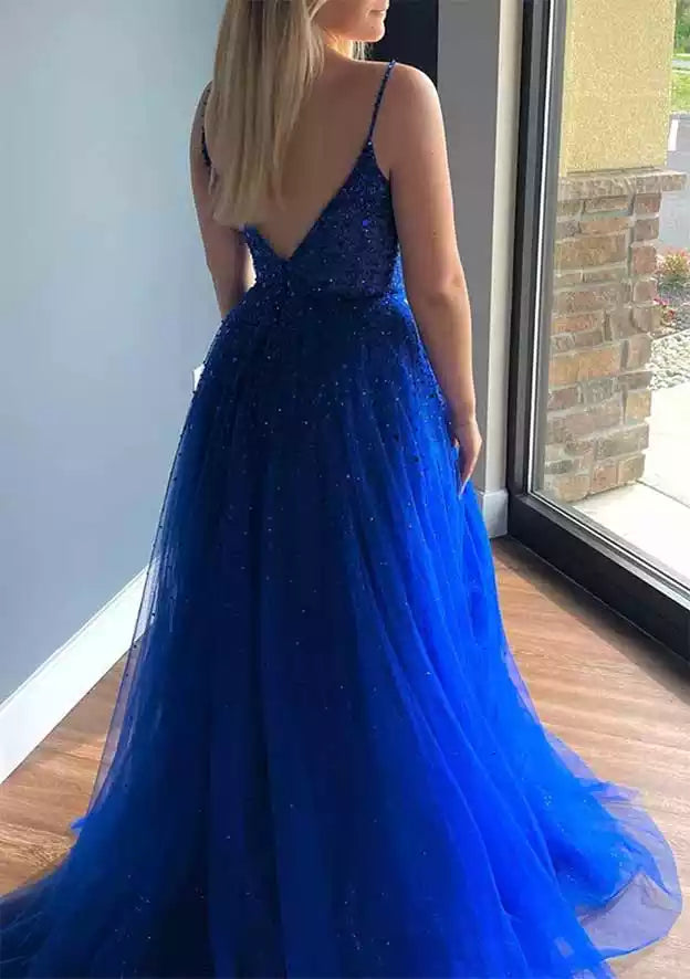 Royal Blue Sequin Tulle A-Line Gown – Glittering & Bold Evening Party Dress