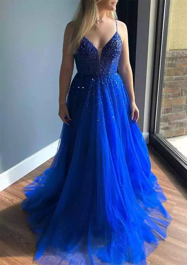 Royal Blue Sequin Tulle A-Line Gown – Glittering & Bold Evening Party Dress