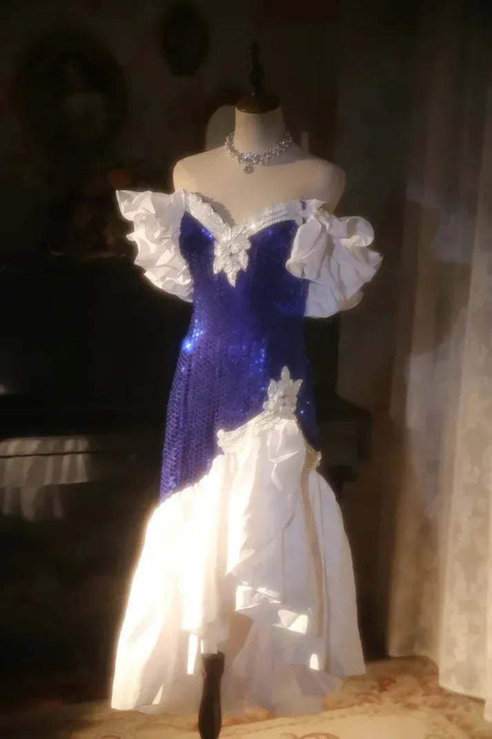Royal Blue Sequin White Ruffle High-Low Party Dress