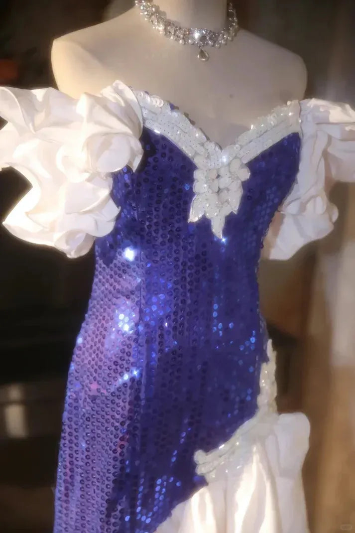 Royal Blue Sequin White Ruffle High-Low Party Dress