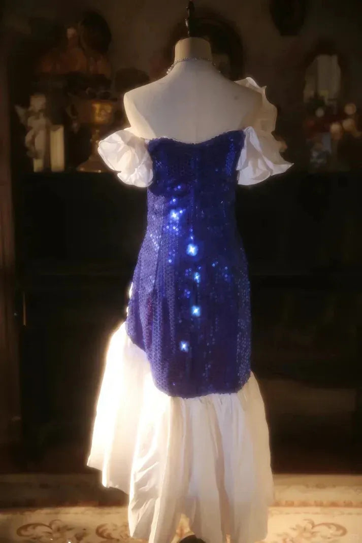 Royal Blue Sequin White Ruffle High-Low Party Dress