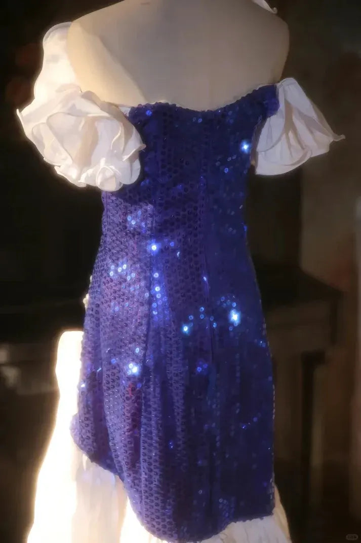 Royal Blue Sequin White Ruffle High-Low Party Dress