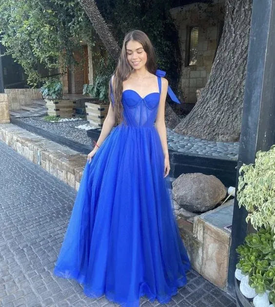 Royal Blue Tulle Ball Gown – Sweetheart Bow Strap Corset Formal Dress