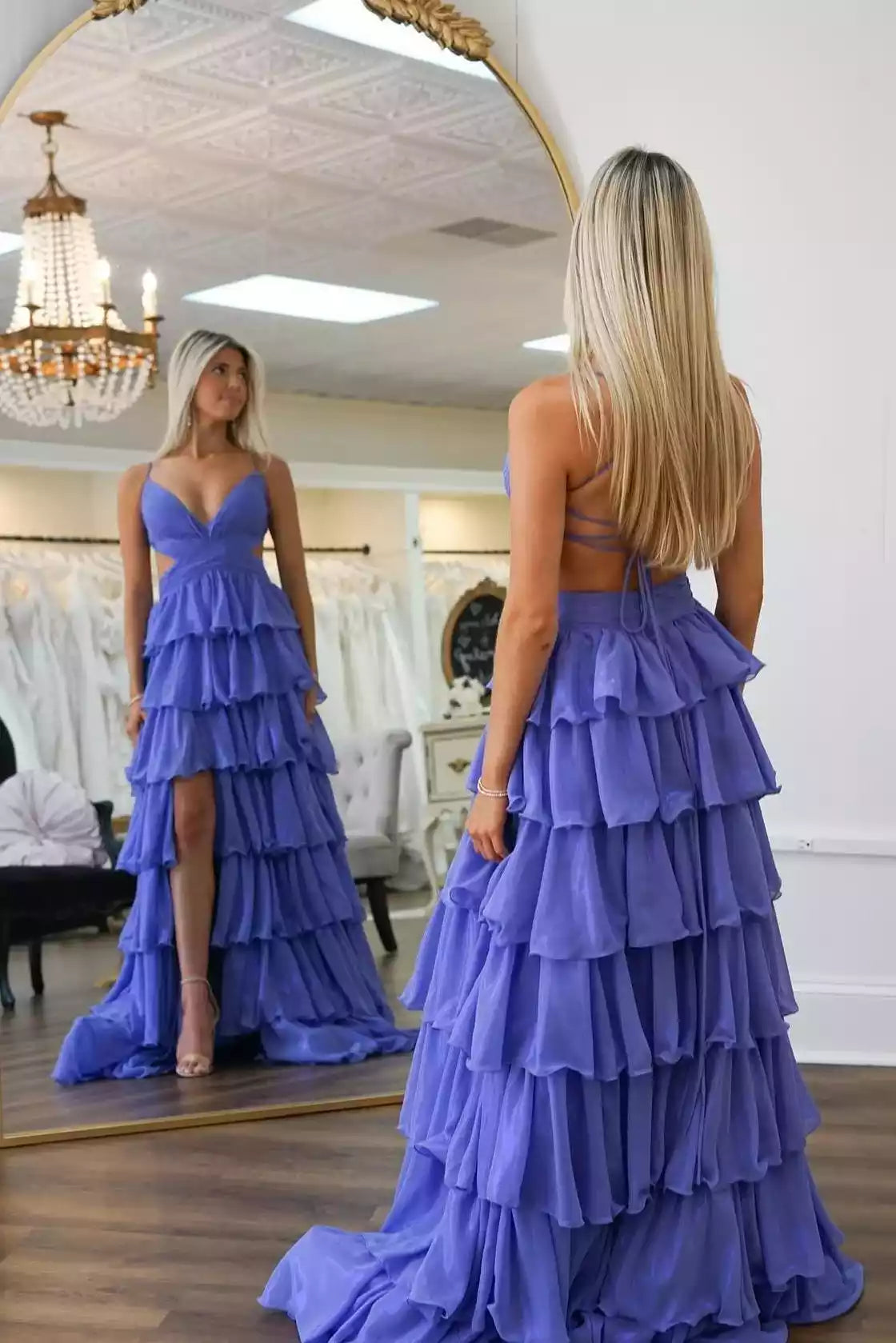 Royal Purple Chiffon Tiered-Ruffle Cutout Gown – Romantic & Playful Evening Party Dress