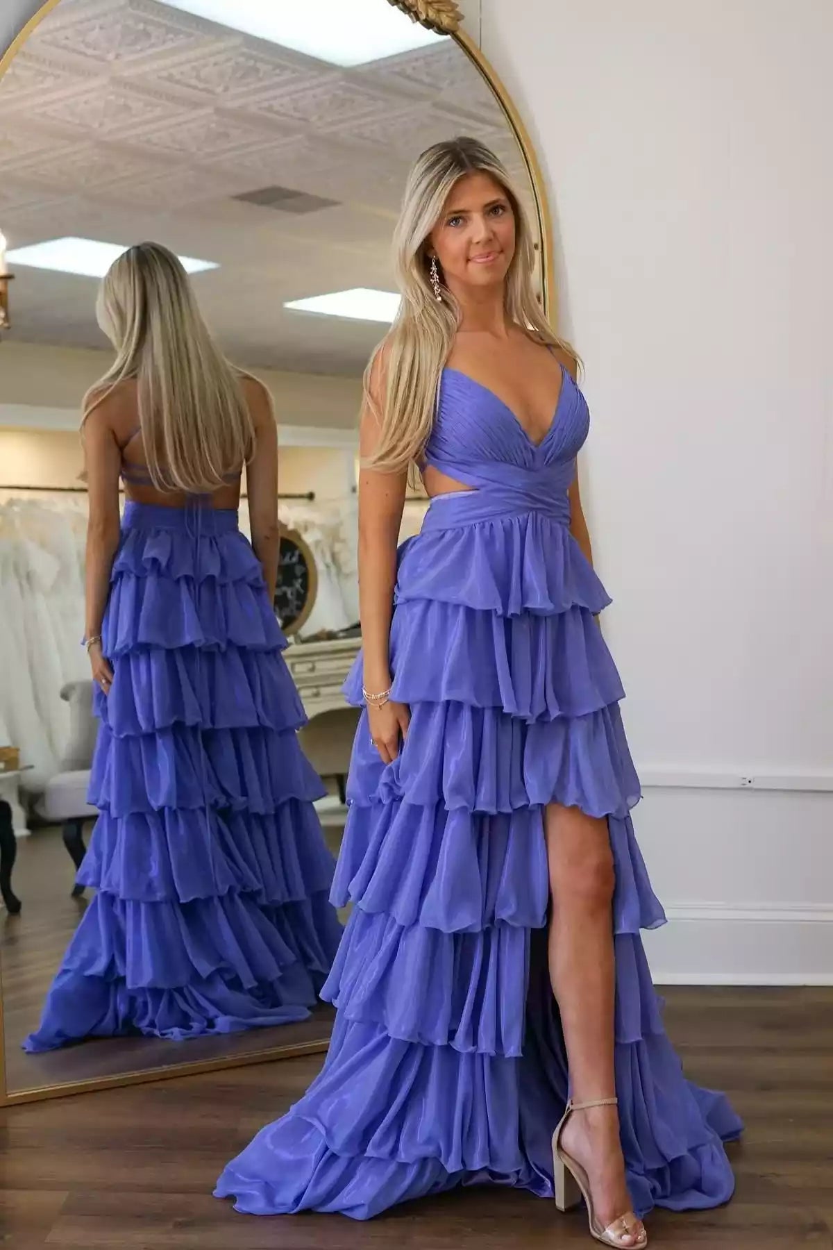 Royal Purple Chiffon Tiered-Ruffle Cutout Gown – Romantic & Playful Evening Party Dress