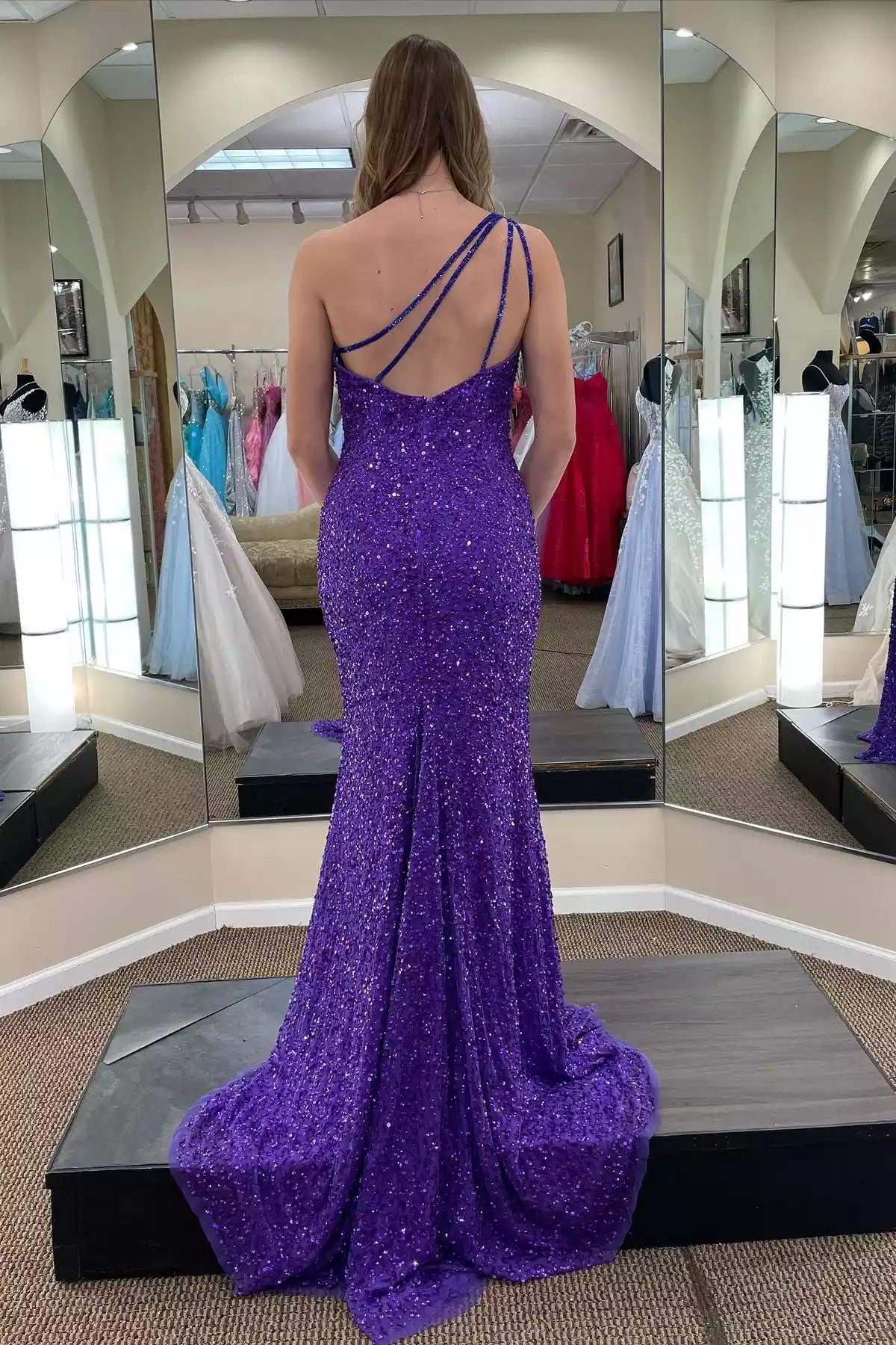 Royal Purple Sequin Asymmetric-Strap Mermaid Gown – Bold & Glittering Evening Party Dress