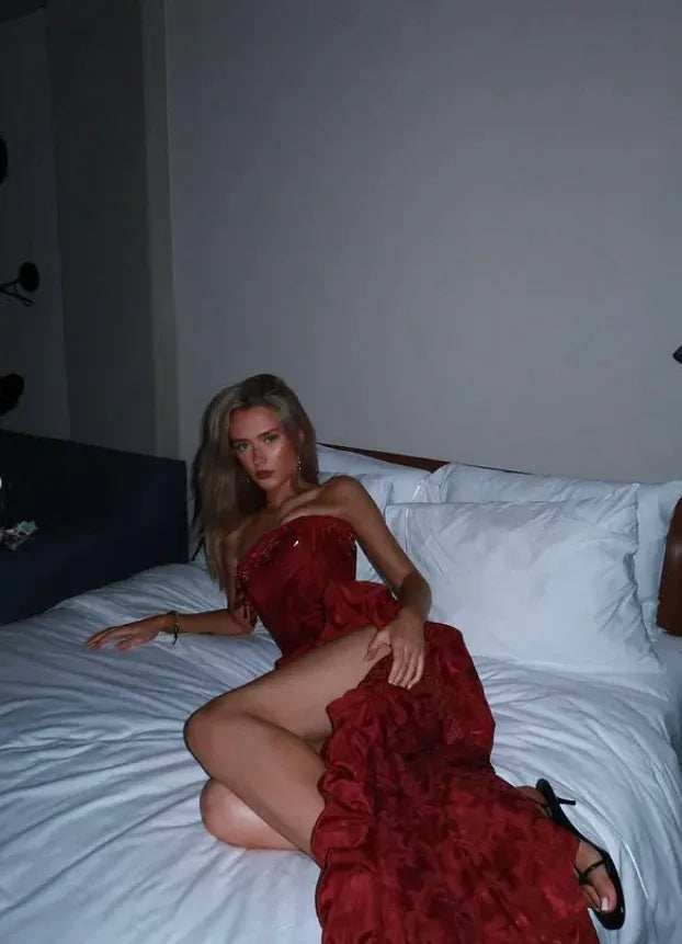 Ruby Red Jacquard Strapless Ruffled High-Low Corset Gown