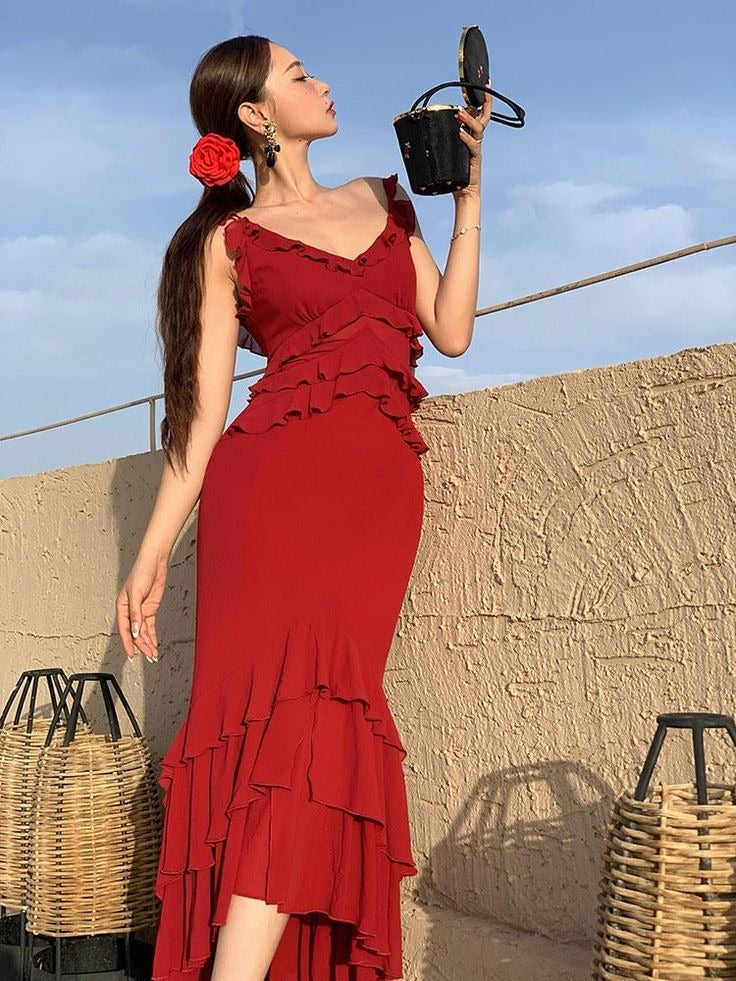 Ruby Red Ruffle Trim Slit Mermaid Maxi Dress
