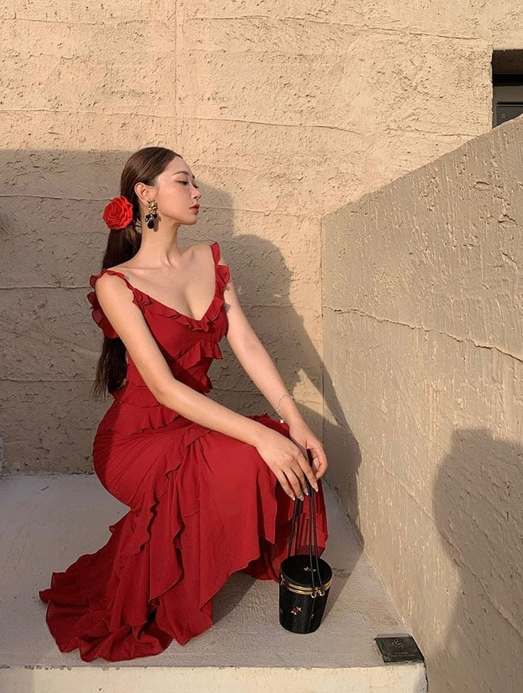 Ruby Red Ruffle Trim Slit Mermaid Maxi Dress