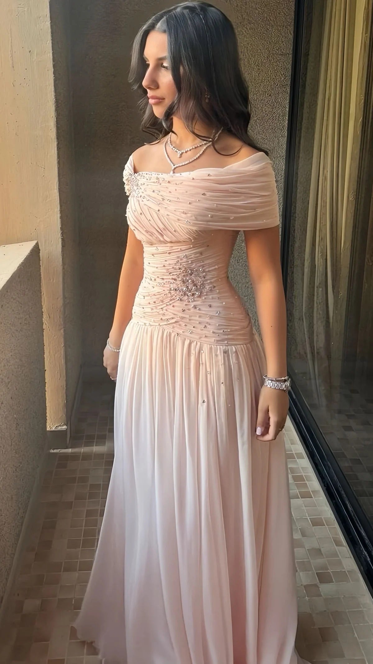 Ruched Bodice Chiffon Evening Dress with Trailing Train & Maxi Length
