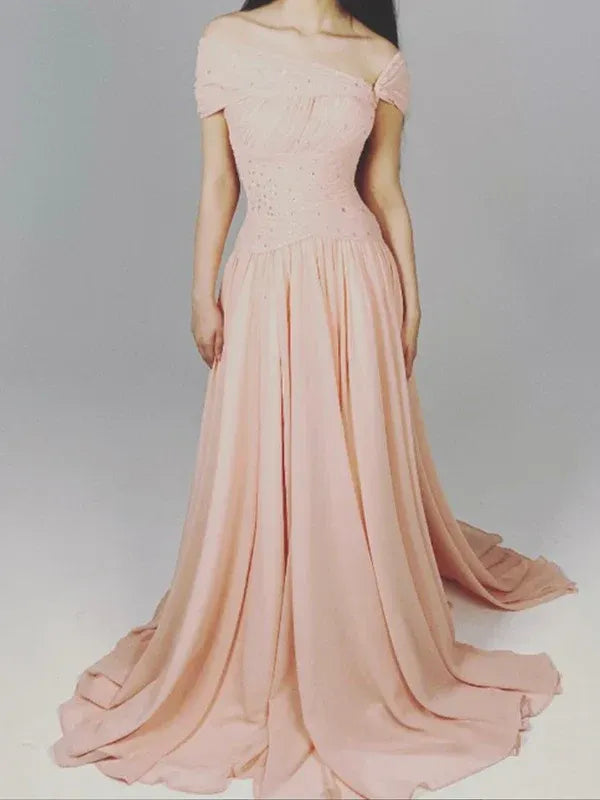 Ruched Bodice Chiffon Evening Dress with Trailing Train & Maxi Length