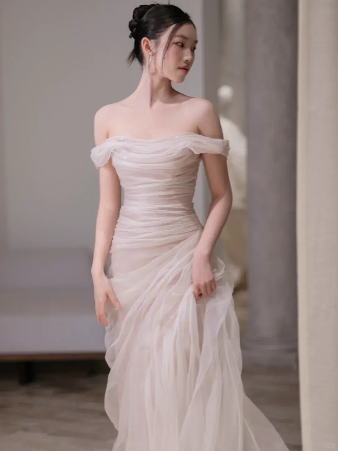 Ruched Bodice Flowy Evening Dress with Asymmetrical Hem