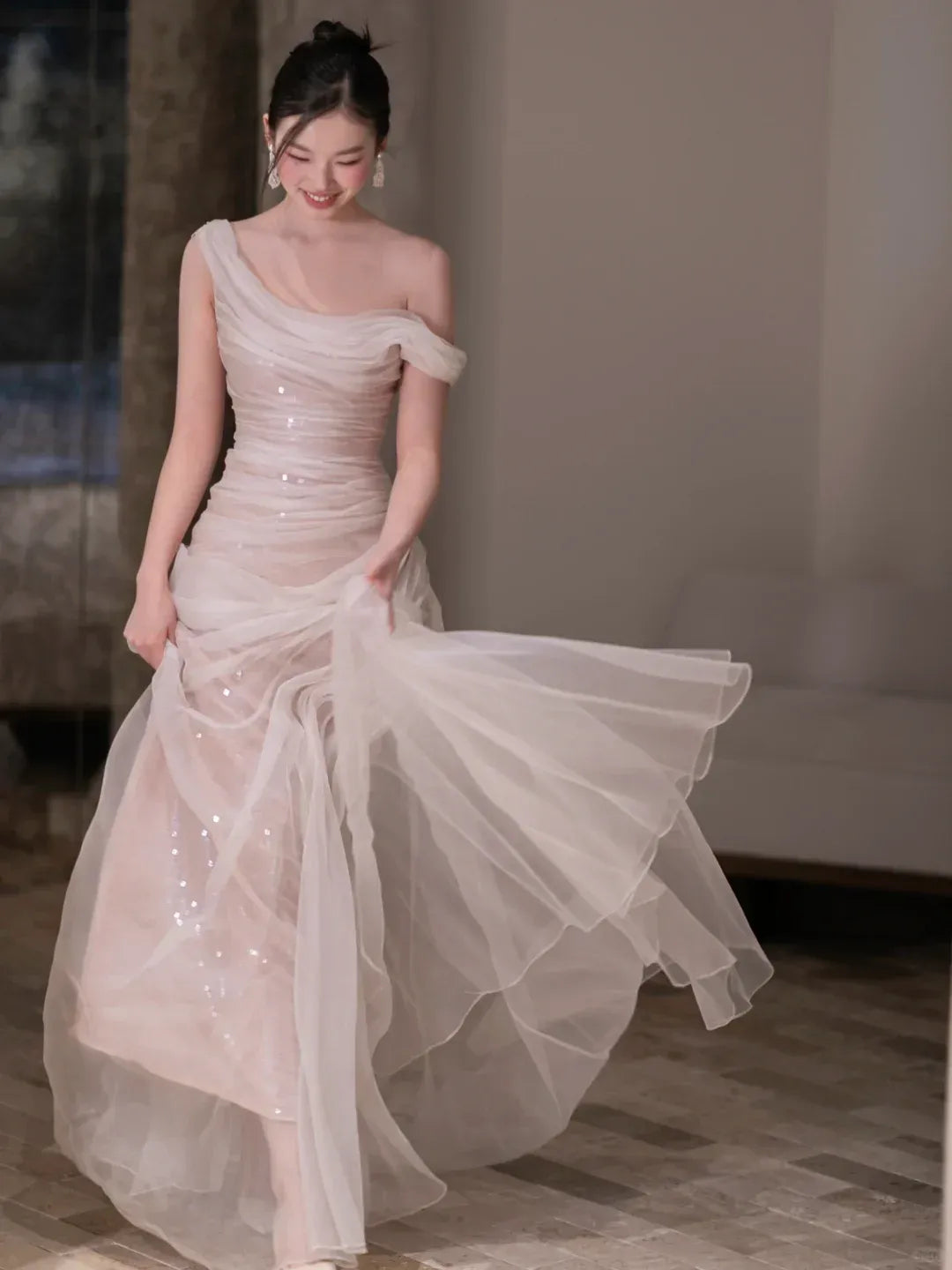 Ruched Bodice Flowy Evening Dress with Asymmetrical Hem