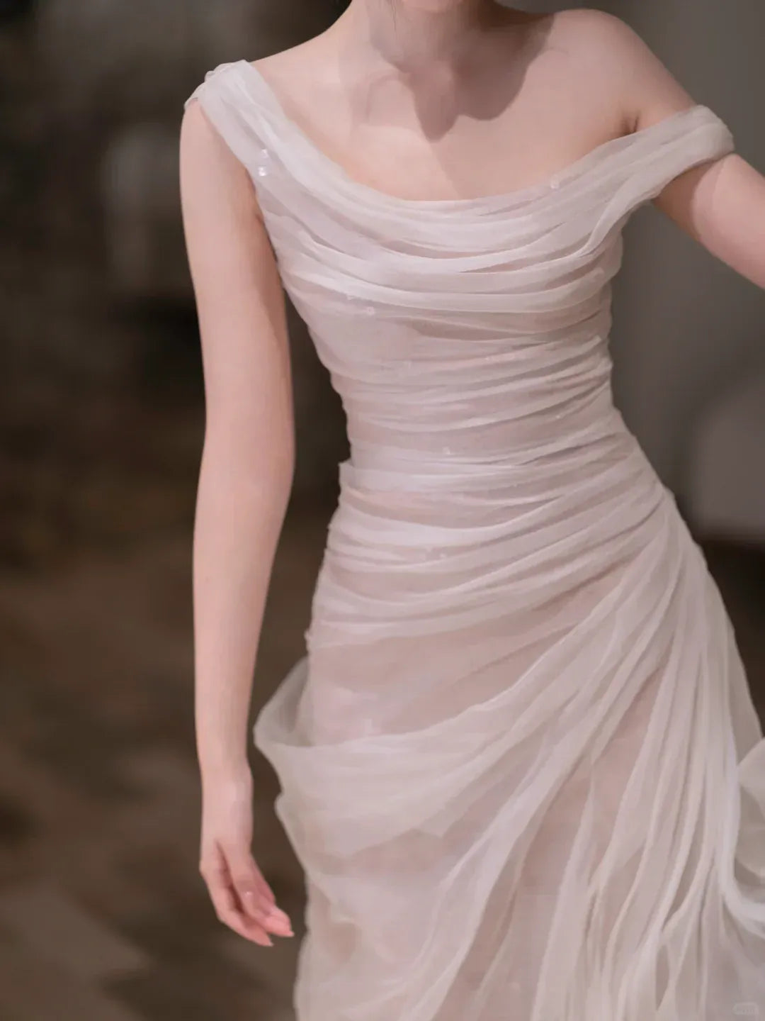 Ruched Bodice Flowy Evening Dress with Asymmetrical Hem