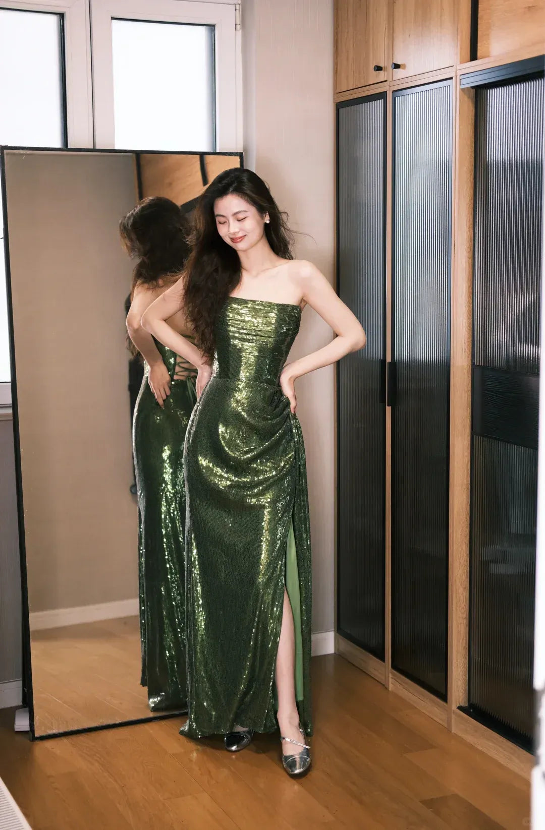 Ruched Bodice High Slit Evening Dress with Lace-Up Back