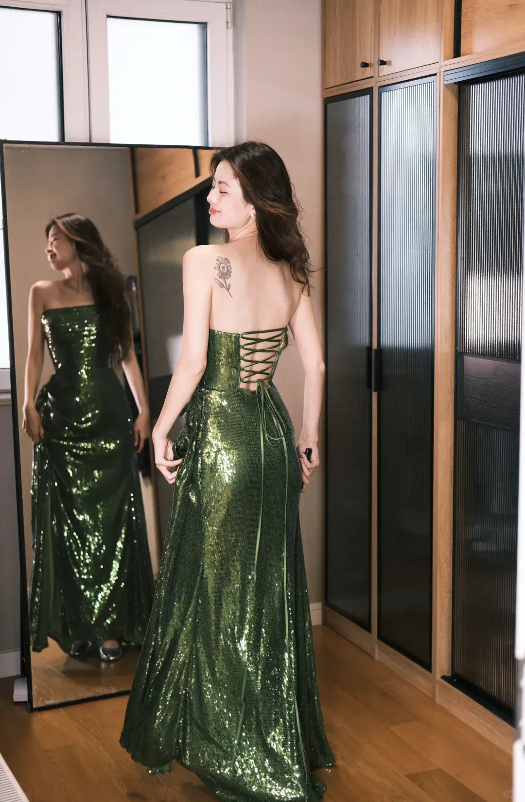 Ruched Bodice High Slit Evening Dress with Lace-Up Back