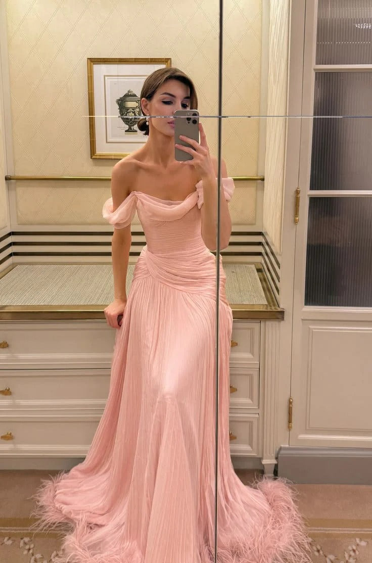 Ruched Bodice Pleated Tulle Evening Dress with Maxi Length