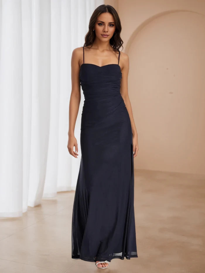 Ruched Dark Navy Prom Dresses with Split