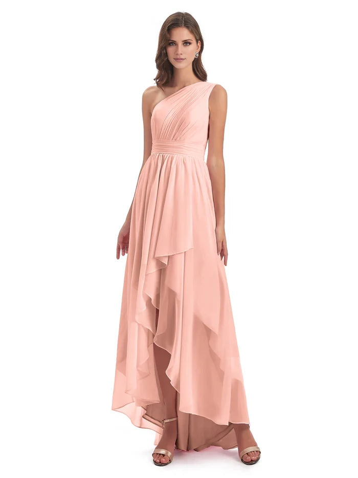 Ruched One Shoulder High Low Chiffon Bridesmaid Dresses