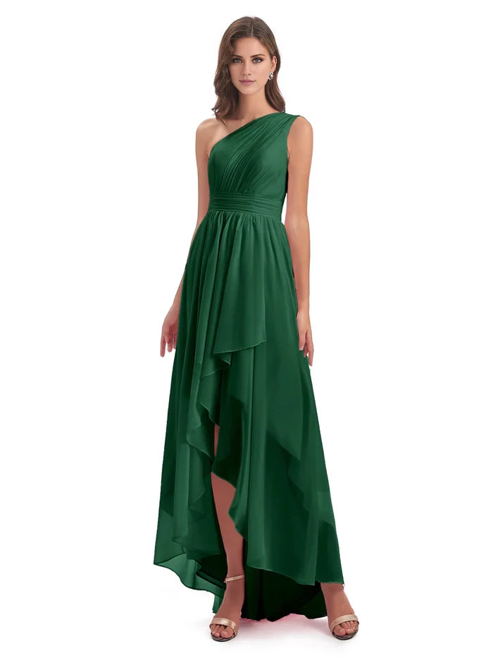 Ruched One Shoulder High Low Chiffon Bridesmaid Dresses