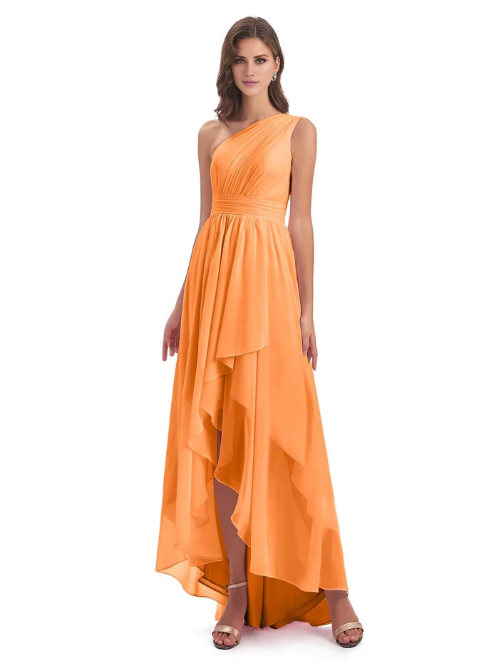 Ruched One Shoulder High Low Chiffon Bridesmaid Dresses