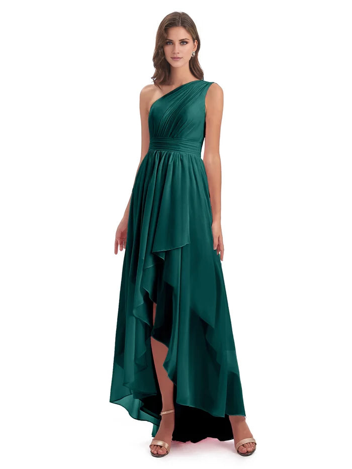 Ruched One Shoulder High Low Chiffon Bridesmaid Dresses