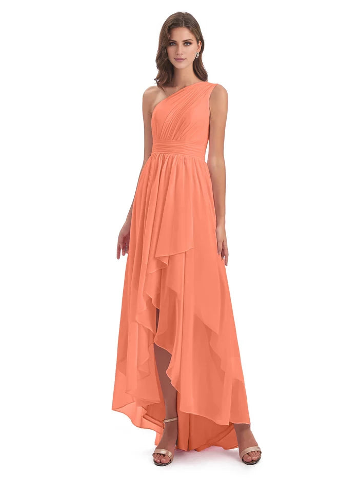 Ruched One Shoulder High Low Chiffon Bridesmaid Dresses
