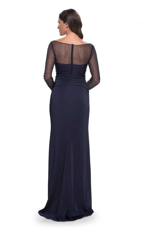 Ruched Rhinestone Illusion Bateau Neckline Sheath long Dress Evening Dresses