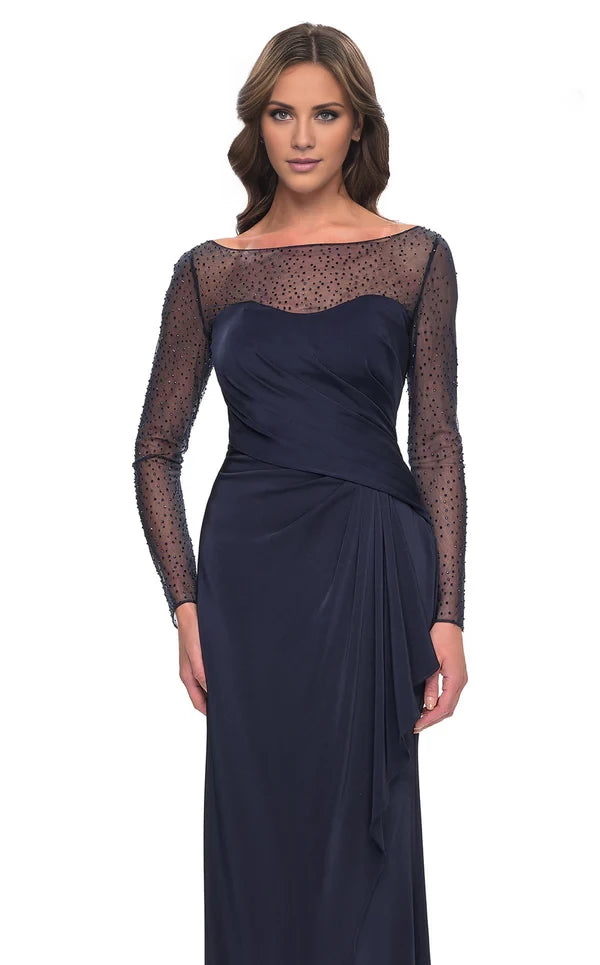 Ruched Rhinestone Illusion Bateau Neckline Sheath long Dress Evening Dresses