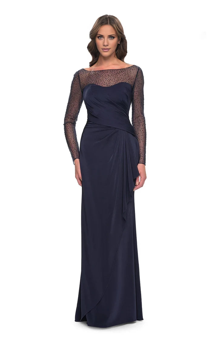 Ruched Rhinestone Illusion Bateau Neckline Sheath long Dress Evening Dresses