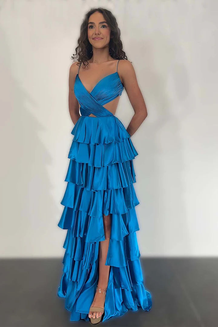Ruffle Slit Prom Dress with Open Back