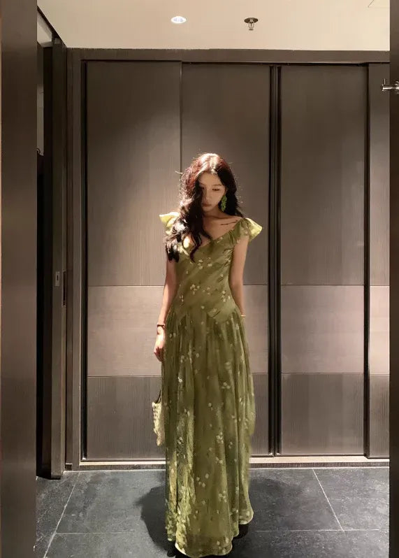 Ruffle Strap A-Line Dress with Shirred Waist & Flutter Sleeves