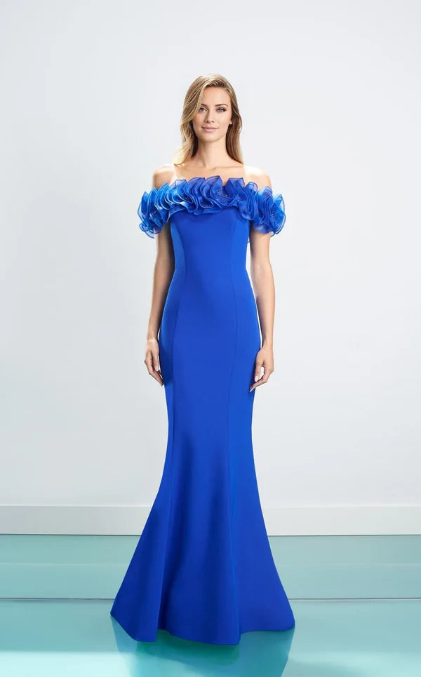 Ruffled Off-shoulder Neck Ruffled Sleeves Long Gown Evening Dresses