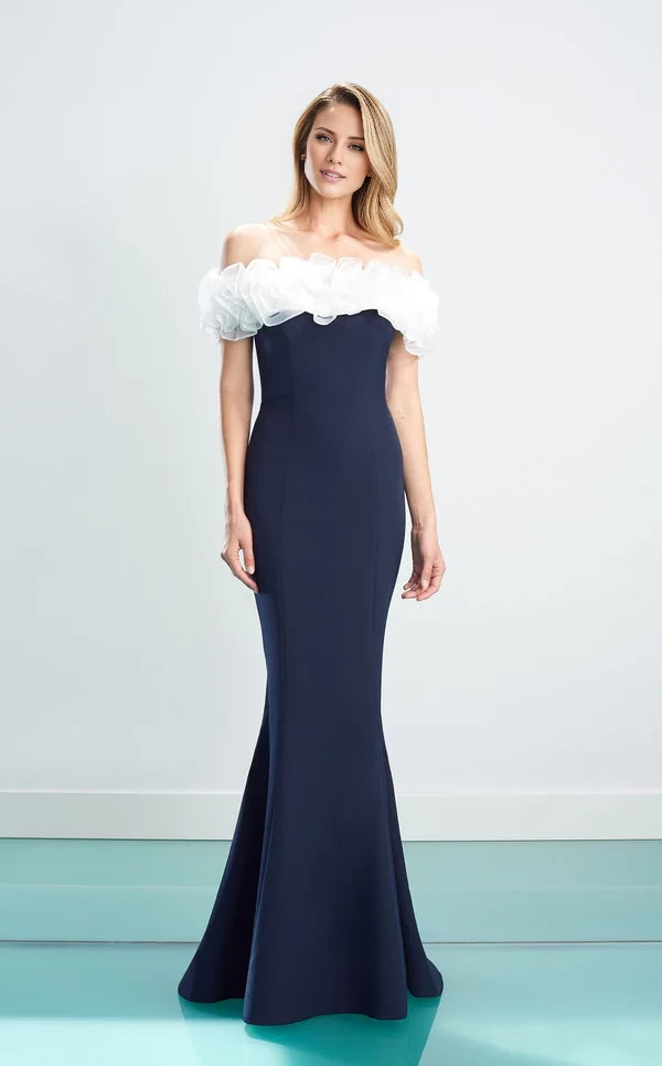 Ruffled Off-shoulder Neck Ruffled Sleeves Long Gown Evening Dresses