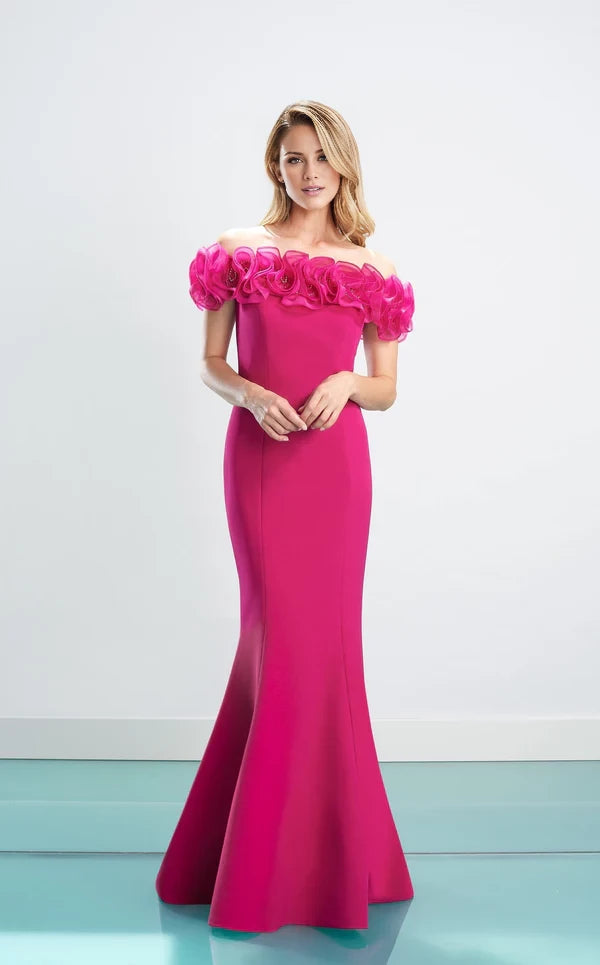 Ruffled Off-shoulder Neck Ruffled Sleeves Long Gown Evening Dresses