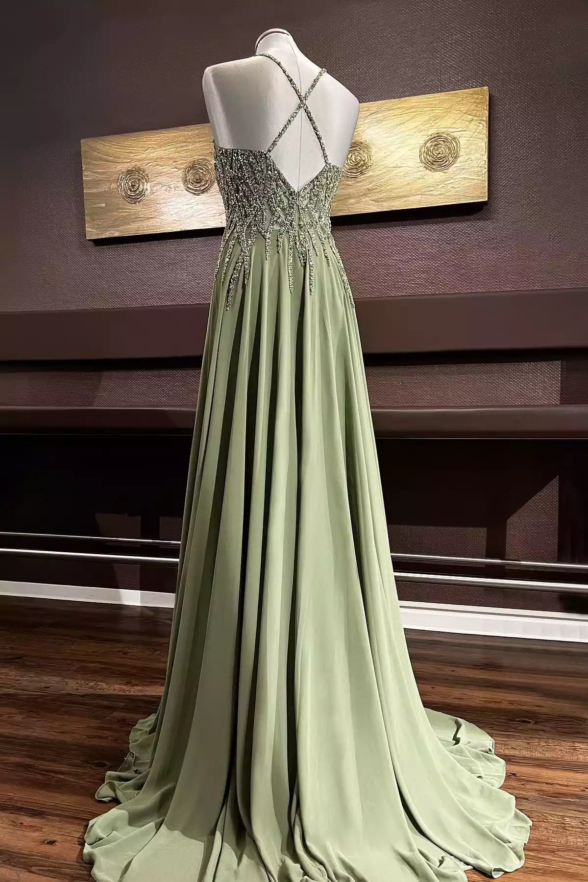 Sage Green Beaded Chiffon Crisscross-Back Gown – Elegant & Glittering Evening Party Dress